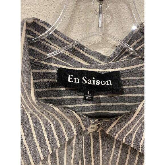 En Saison JJ Shirt Dress Womens Large Gray White Striped Wrap Tie Waist Collared - Picture 3 of 4